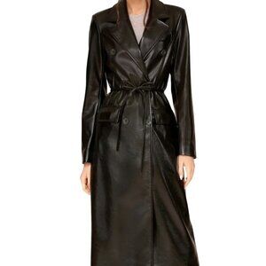 Avec Les Filles Black Faux Leather Double-Breasted Belted Trench Coat Size L